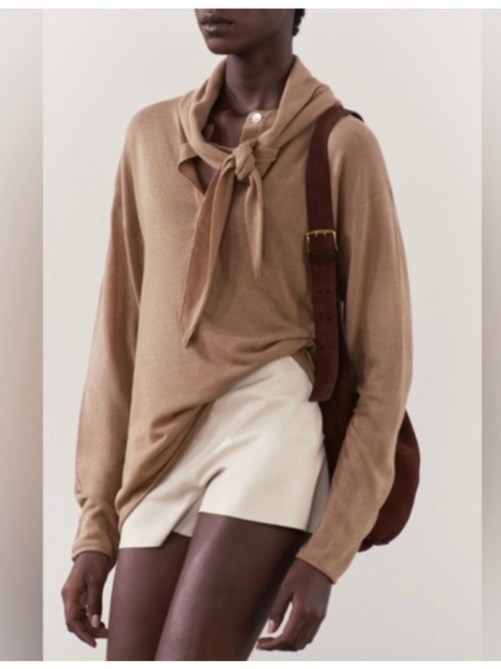 Zara Linen-Blend Scarf-Neck Sweater in Camel
